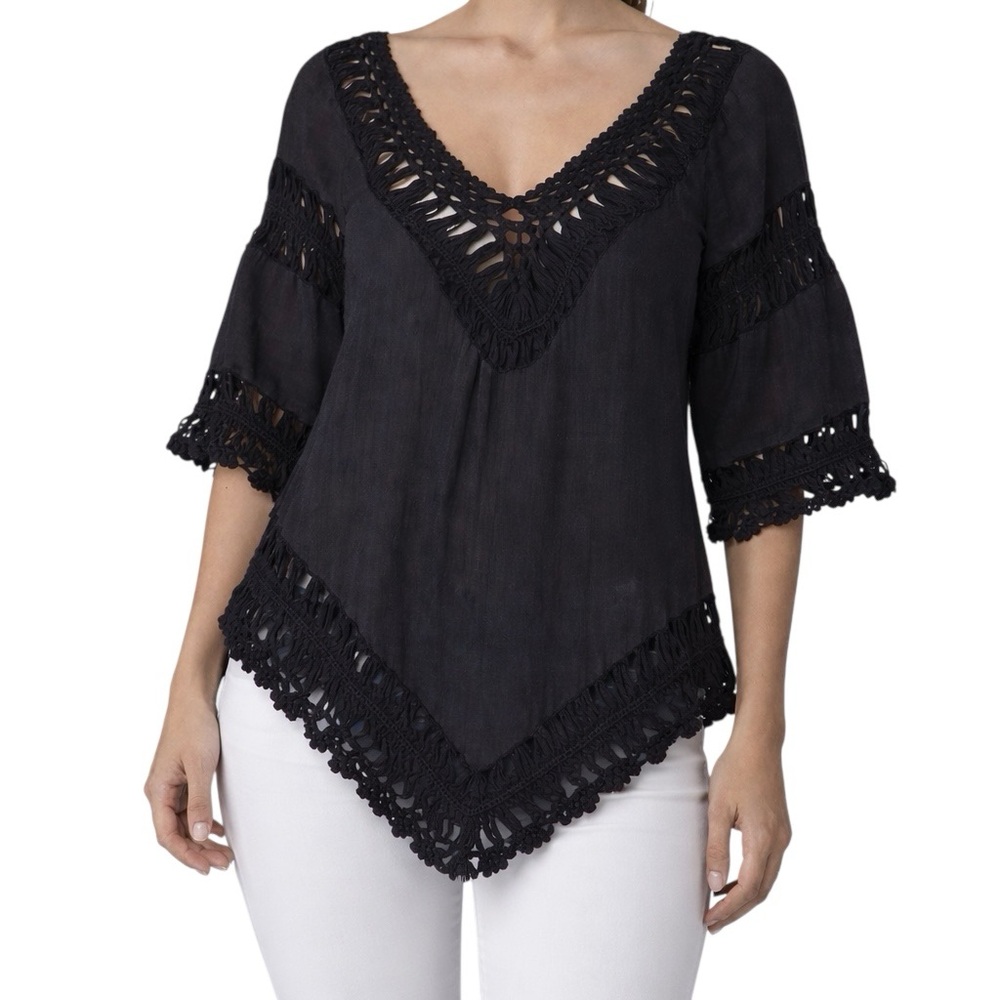 Womens Shirt Size M Sheer Black Crochet Neck 3/4 Sleeves Ya Los Angeles